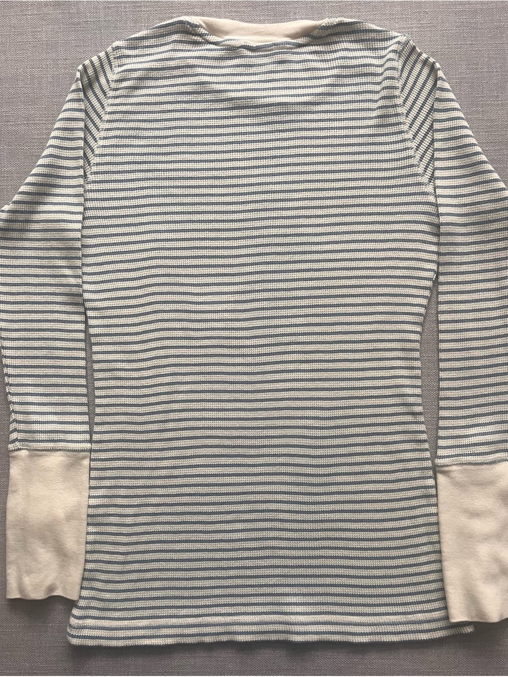 Sundance Striped Long-Sleeve Cotton Waffle Knit Top in Cream and Light Blue - Picture 4 of 13
